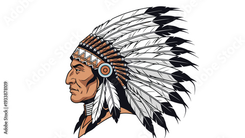 Detailed profile illustration of a Native American chief wearing a traditional feathered war bonnet with dark tips.