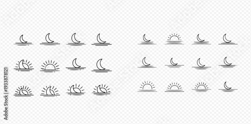 Set of outline icons depicting the moon and sun rising and setting over a horizon line, representing day and night cycles.