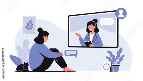 Young woman seeking mental health support through a virtual therapy session with a female doctor on a digital screen.