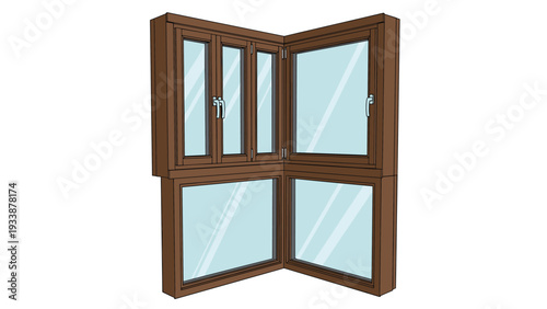 Large modern wooden corner window with a white frame and glass panes showing a clean interior architectural view.