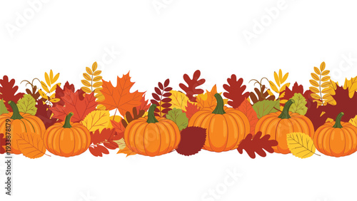Seasonal border of bright orange pumpkins and colorful autumn leaves including maple and oak foliage on white.