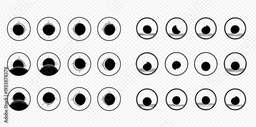 Set of human eye iris and pupil icons with various expressions and directions, isolated on transparent background.