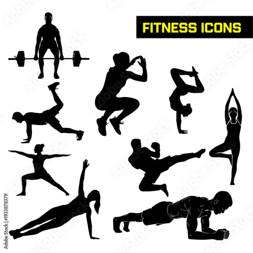 Fitness icons show exercise poses isolated.