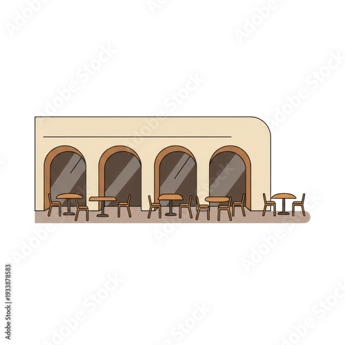 Outdoor cafe with arched windows and tables with chairs illustration isolated on white background