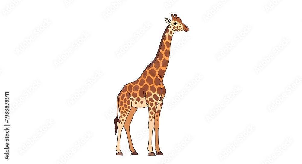 Obraz premium Full body vector illustration of a majestic giraffe standing isolated on a white background. Detailed spots and realistic anatomical features in a clean, modern graphic style