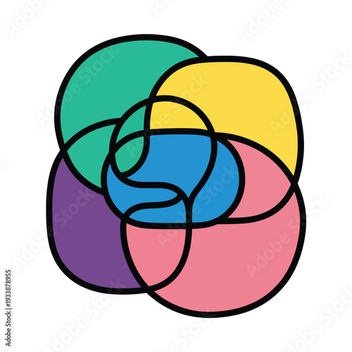 Vector graphic illustration of intertwined rounded shapes in various vibrant colors from different viewpoints