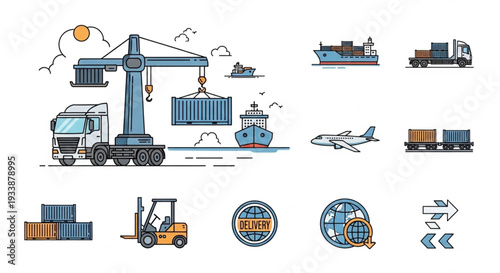 Global Shipping and Logistics Icons Transportation Industry.