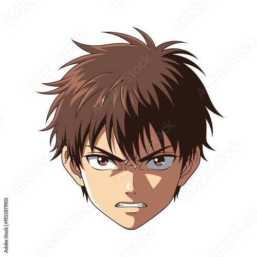 Anime boy face with determined expression and spiky brown hair.