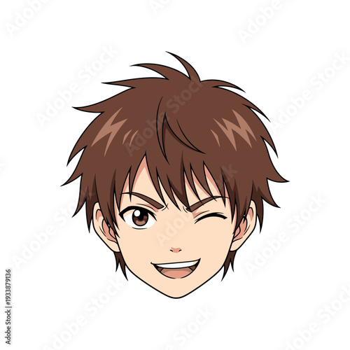 Anime boy winking with a cheerful expression brown spiky hair.