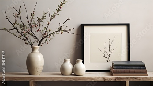 Wallpaper Mural Minimalist Decor with Branches, Vases, and Books on Rustic Shelf Torontodigital.ca