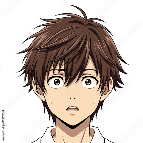 Anime boy with brown hair and wide eyes looking surprised.