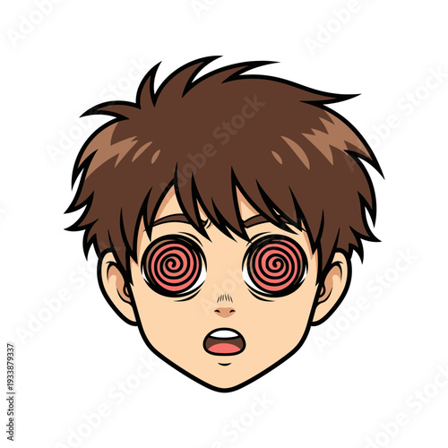 Anime Boy with Hypnotized Swirl Eyes and Open Mouth.