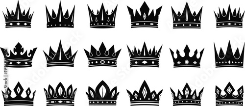 Fifteen black silhouette crown icons in three rows of five each royalty king