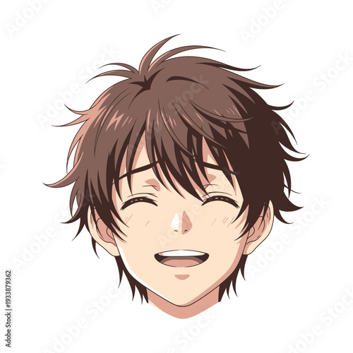 Anime Boy with Spiky Brown Hair Laughing Joyfully.
