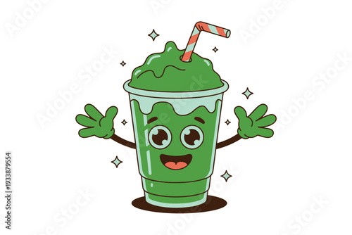 A cartoon green smoothie with a straw and a happy face