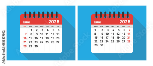 June 2026 calendar templates with Sunday and Monday week starts