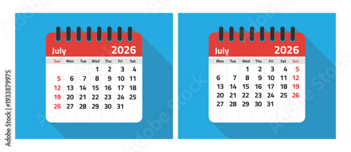 July 2026 calendar templates with Sunday and Monday week starts