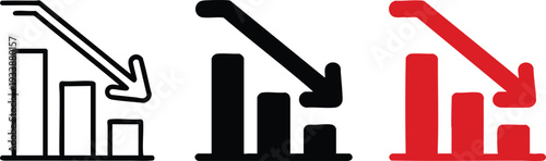 Financial Loss and Market Downturn Bar Charts, Economic Recession and Negative Growth Icons, Decreasing Trend Analysis Graphic Set.