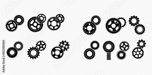Set of black gear and cogwheel icons, mechanical parts for machinery, engineering, and industrial designs.