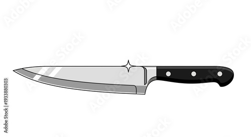 A sharp, shiny chef's knife with a black handle, ideal for culinary tasks and food preparation