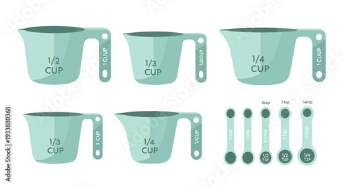 A vibrant vector illustration displaying a comprehensive set of essential measuring cups and spoons, ideal kitchen tools for precise baking, accurate cooking, and ingredient measurement