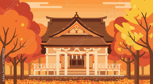 Autumn Shrine in Japan, Vibrant Fall Foliage, Traditional Architecture