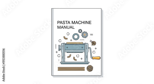 Pasta Machine Manual Cover Illustration Featuring Kitchen Utensils and Ingredients