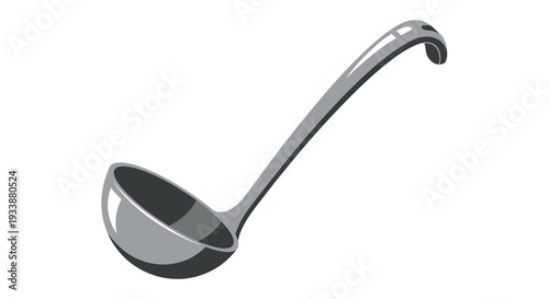 Illustration of a shiny, metallic soup ladle with a long handle and a rounded bowl, perfect for serving hot liquids and stews