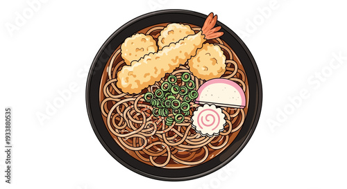 Japanese Soba Noodles with Shrimp Tempura and Kamaboko