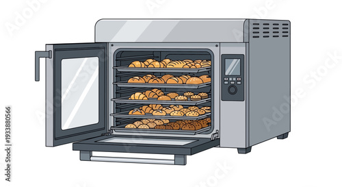 Commercial oven with open door revealing multiple trays of golden-brown pastries inside, viewed from the front