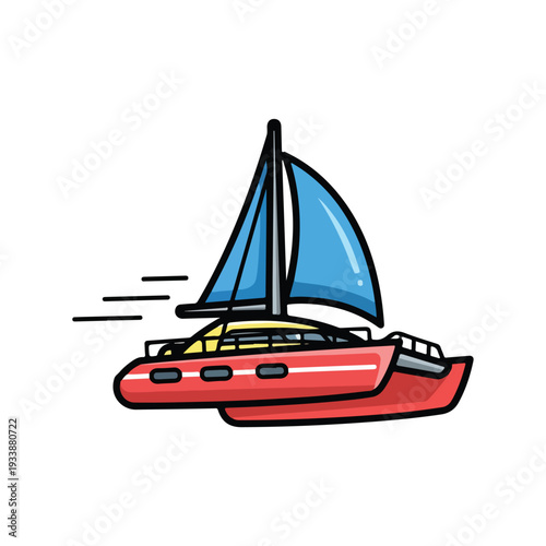 A red sailing catamaran with blue sails gliding swiftly on calm waters, viewed from the side.