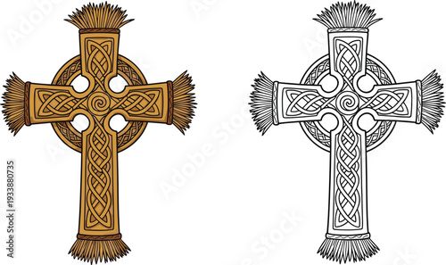 Celtic cross illustration in colored and outline styles with intricate knot pattern isolated on white background for religious, spiritual, and historical design concepts