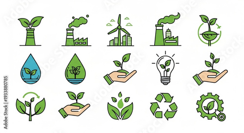 Green Energy and Sustainability Icons Set.