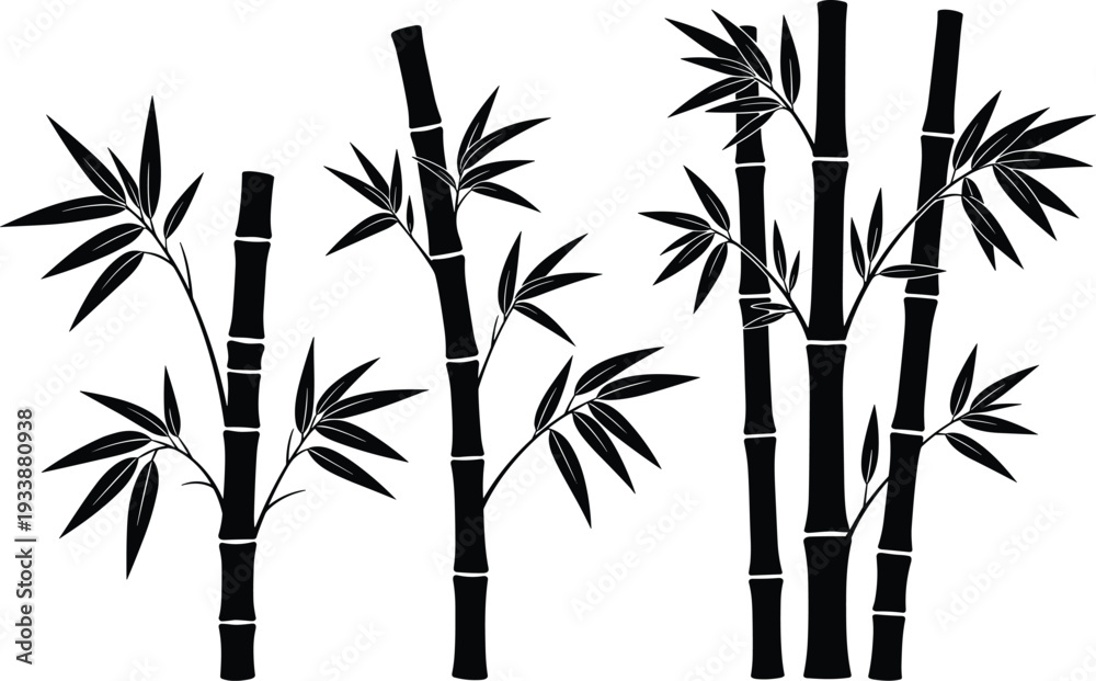 Obraz premium Bamboo stalk silhouettes with leaves, tropical plant illustration, nature vector design, Asian style artwork, eco friendly symbol, zen garden inspiration, decorative botanical element