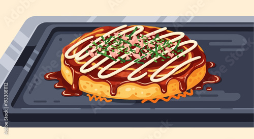 Delicious Okonomiyaki Japanese Pancake with Toppings
