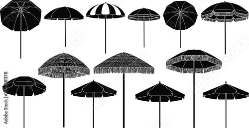 Beach umbrella silhouettes collection, summer shade icons, tropical parasol designs, outdoor canopy variations, vacation sun protection, seaside leisure, coastal lifestyle, vector illustration