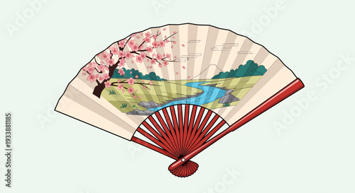 Japanese Fan with Cherry Blossom Landscape