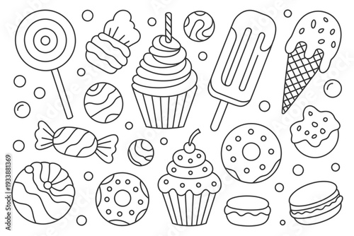 A sweet candy illustration with various colorful treats and desserts