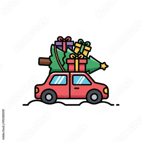 A red car loaded with gifts and a Christmas tree driving down a snowy road viewed from the side