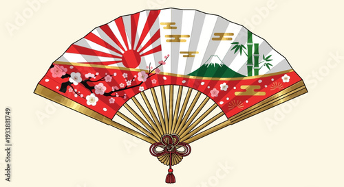 Japanese Fan with Mount Fuji, Cherry Blossoms, and Bamboo