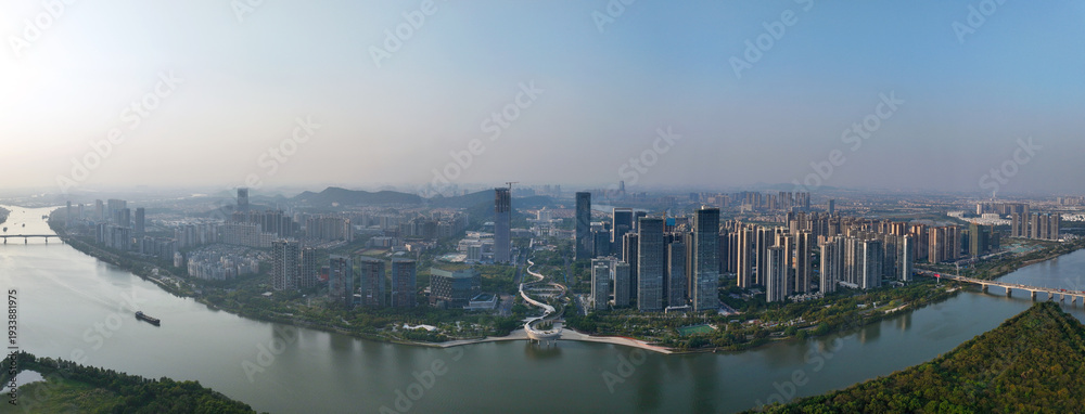 Fototapeta premium Aerial photography of Golden Phoenix Plaza in Zhongzhou Park, Shunde District, Foshan City