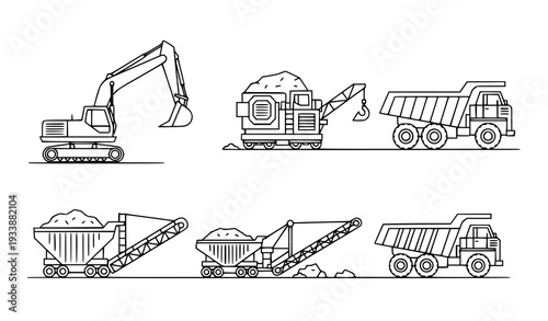 Minimal quarry mining equipment outline icons vector illustration