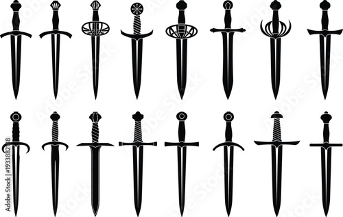 Sword silhouettes collection, fantasy weapon icons, medieval blade designs, warrior armory illustration, combat equipment vector, decorative game asset, black outline artwork