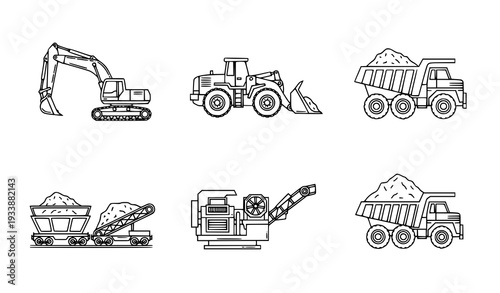 Crushed stone mining linear icons vector set heavy machinery outline