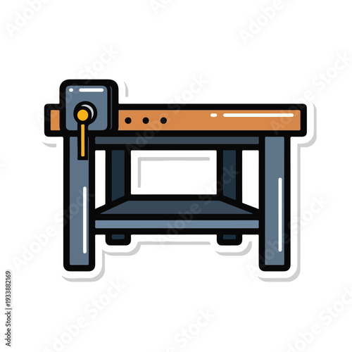 Illustration of a workbench with vice and wooden top in a workshop setting from a front view