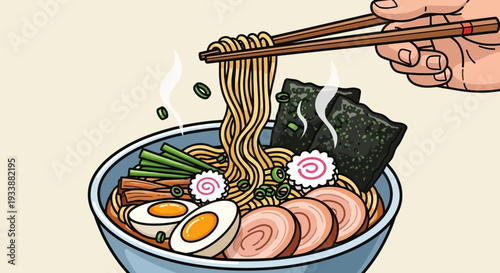 Delicious Ramen Bowl with Chopsticks and Steaming Noodles