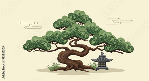 Pixel Art Pine Tree with Lantern and Grass