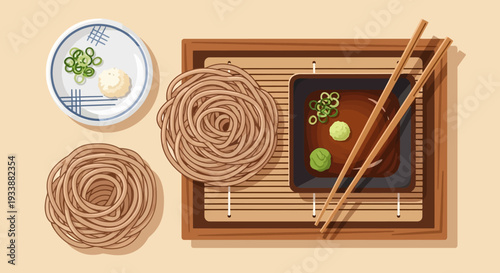 Soba Noodles with Dipping Sauce and Chopsticks