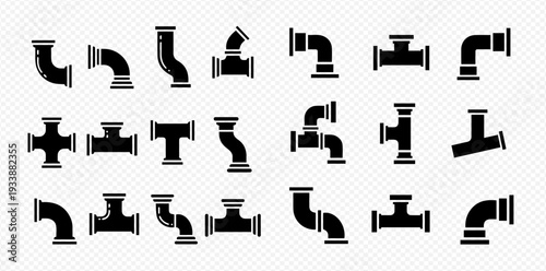 Set of black silhouette pipe fittings and connectors for plumbing, gas, and water systems on a transparent background.
