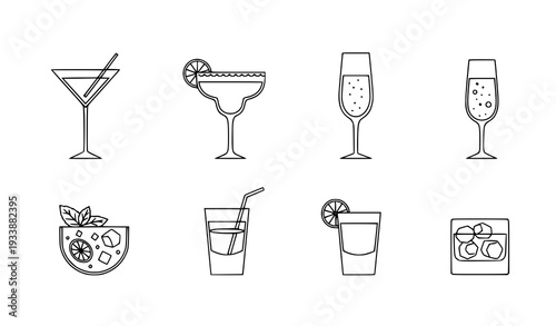 Minimal cocktail bar drink outline icons vector illustration
